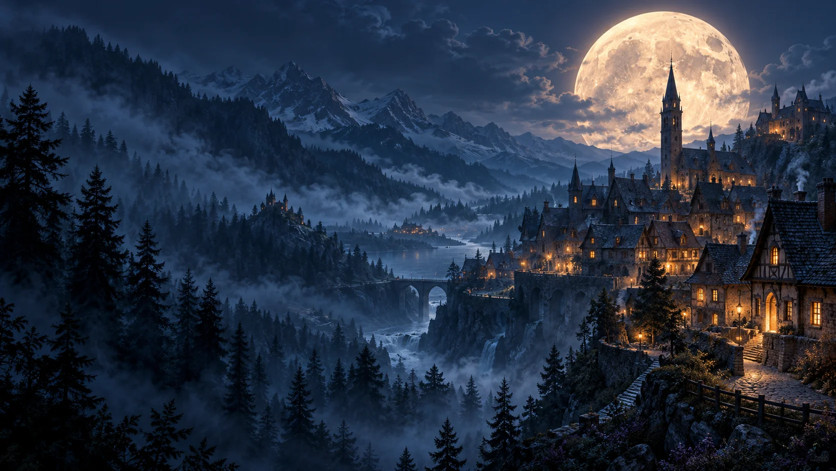 A moonlit fantasy village nestled in misty mountains, its windows glowing amber